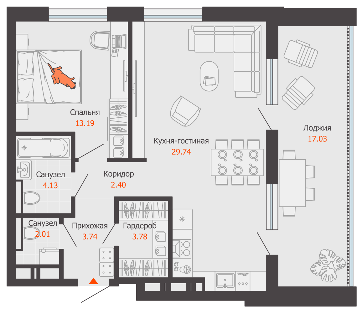 2-комнатная 68 м2 в ЖК Камаполис корпус null этаж 14