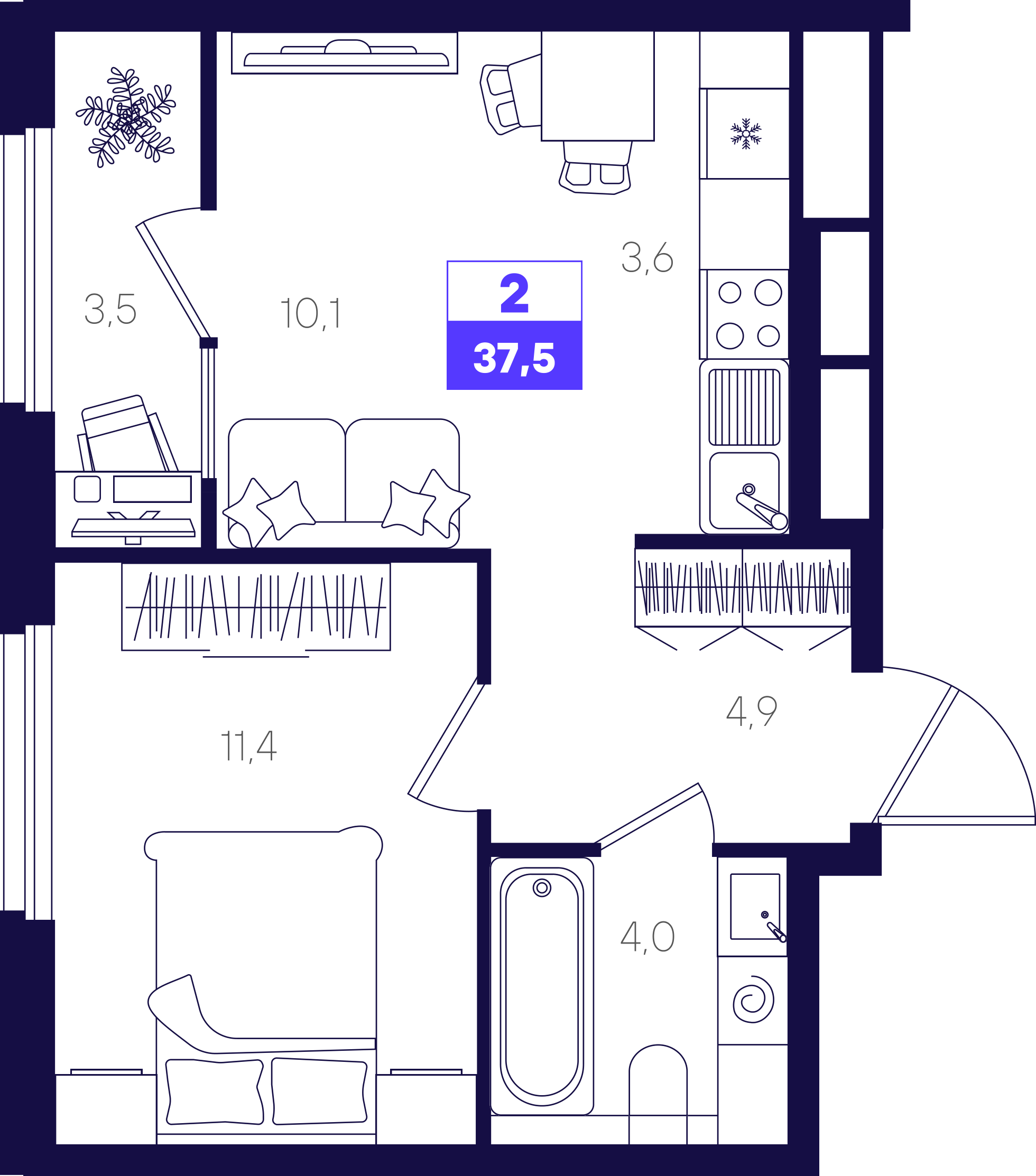 2-комнатная 37 м2 в ЖК Отличие корпус null этаж 11