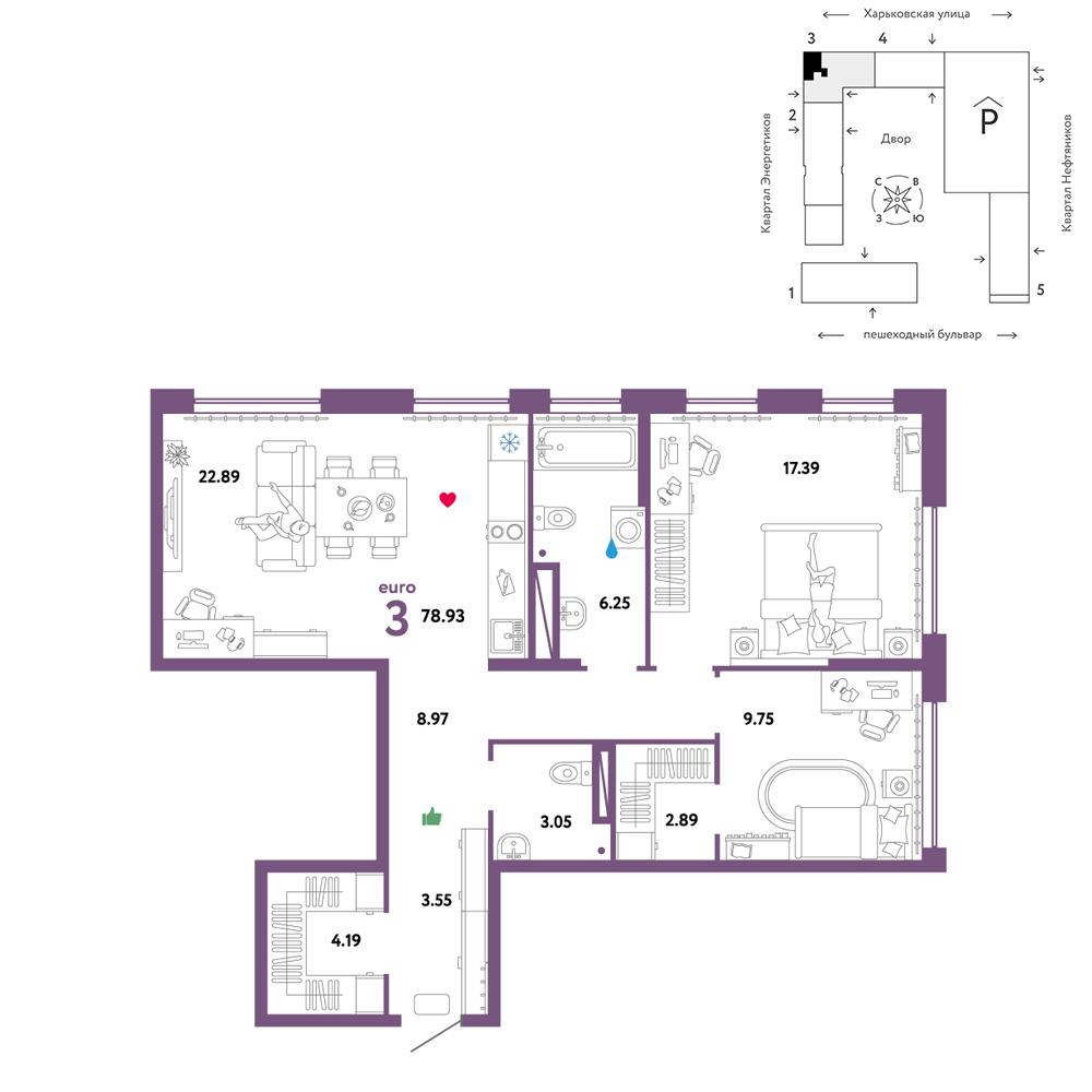 3-комнатная 78 м2 в ЖК Сердце Сибири корпус null этаж 12