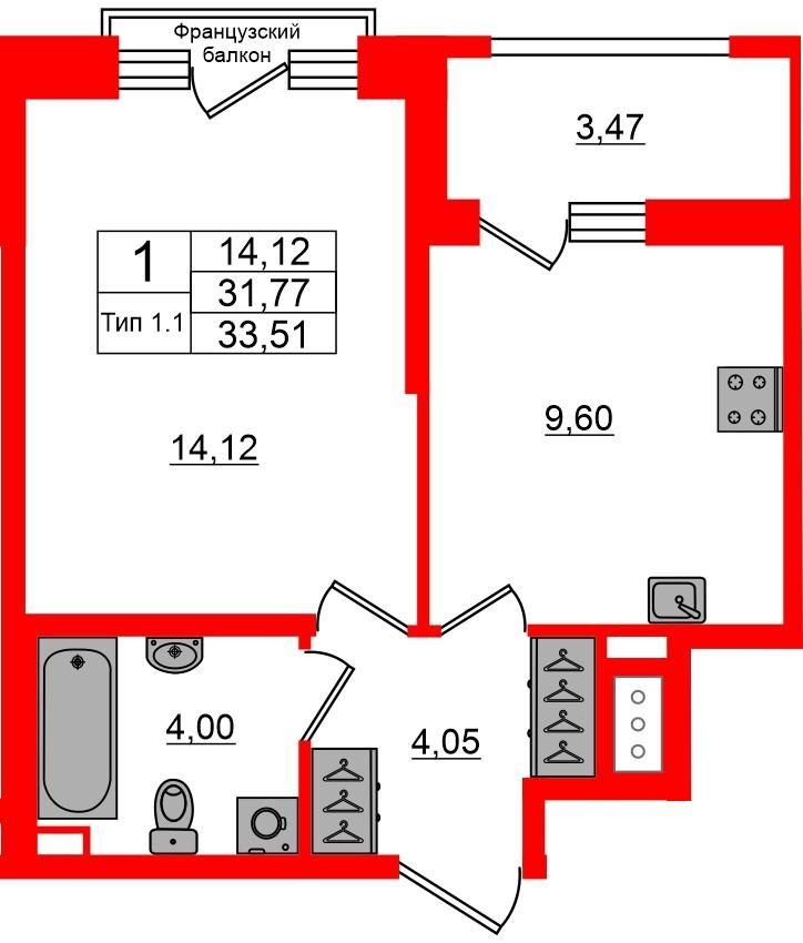 1-комнатная 31 м2 в ЖК Сэтл Ривьера корпус null этаж 7