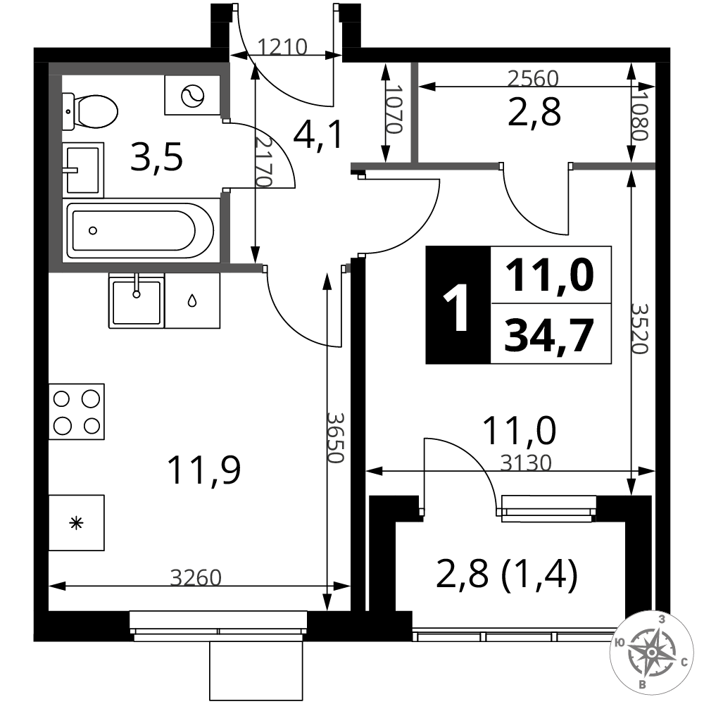 1-комнатная 34 м2 в ЖК 1-й Ясеневский корпус null этаж 5