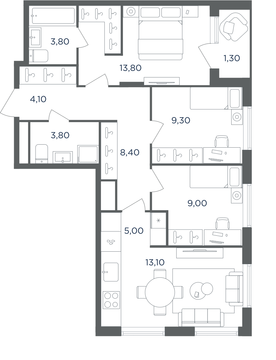 4-комнатная 70 м2 в ЖК Равновесие корпус null этаж 3