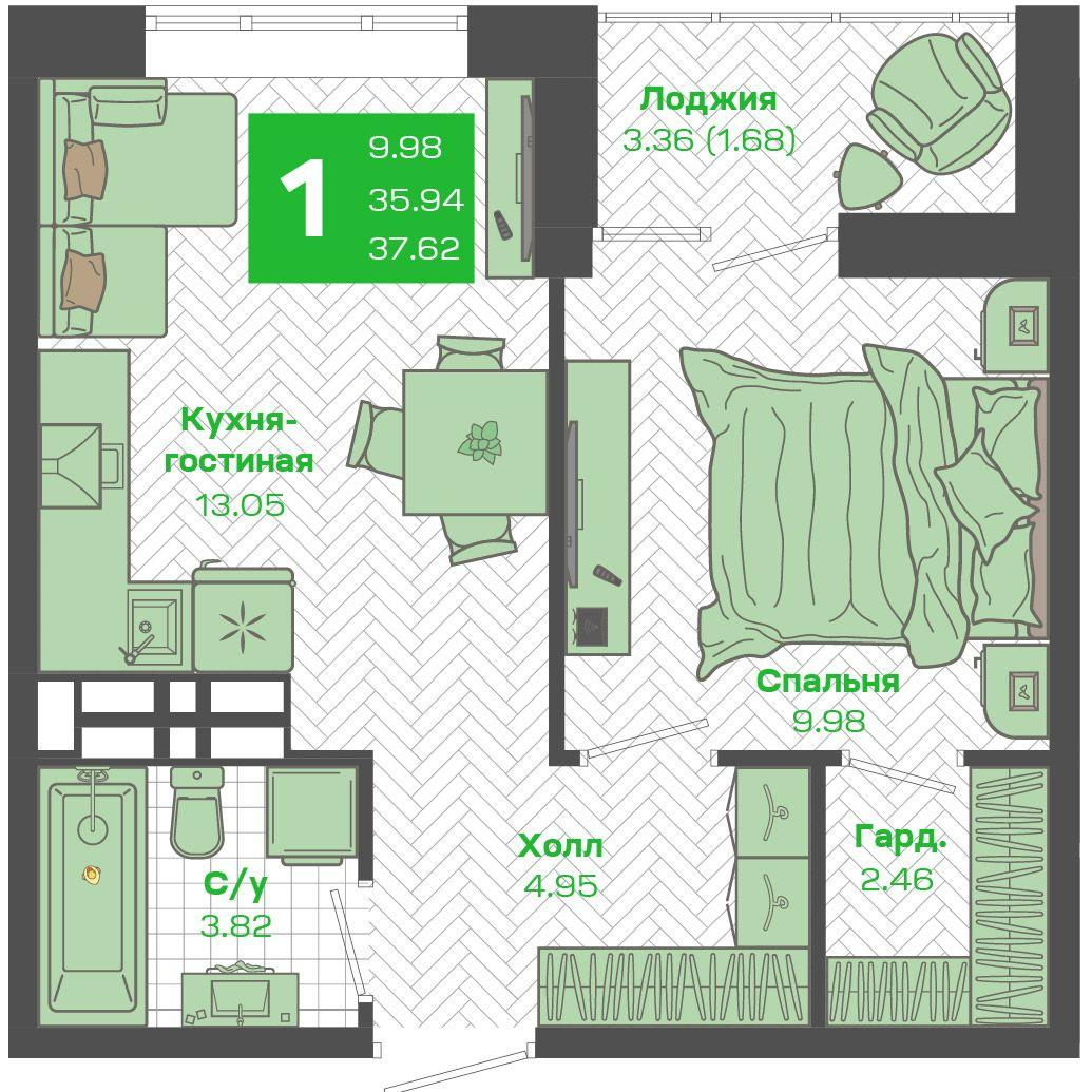 1-комнатная 35 м2 в ЖК Зелёный Бульвар 2 корпус null этаж 21
