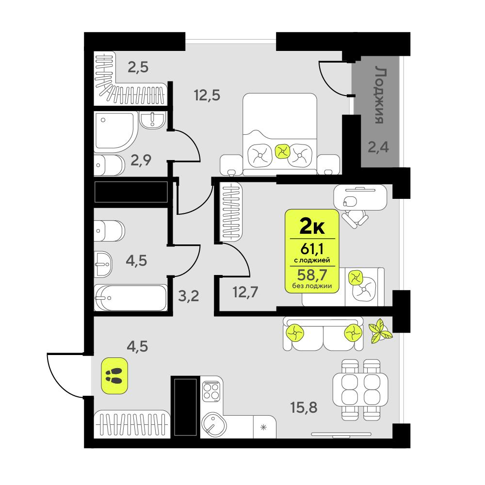 2-комнатная 61 м2 в ЖК Мотивы корпус null этаж 12