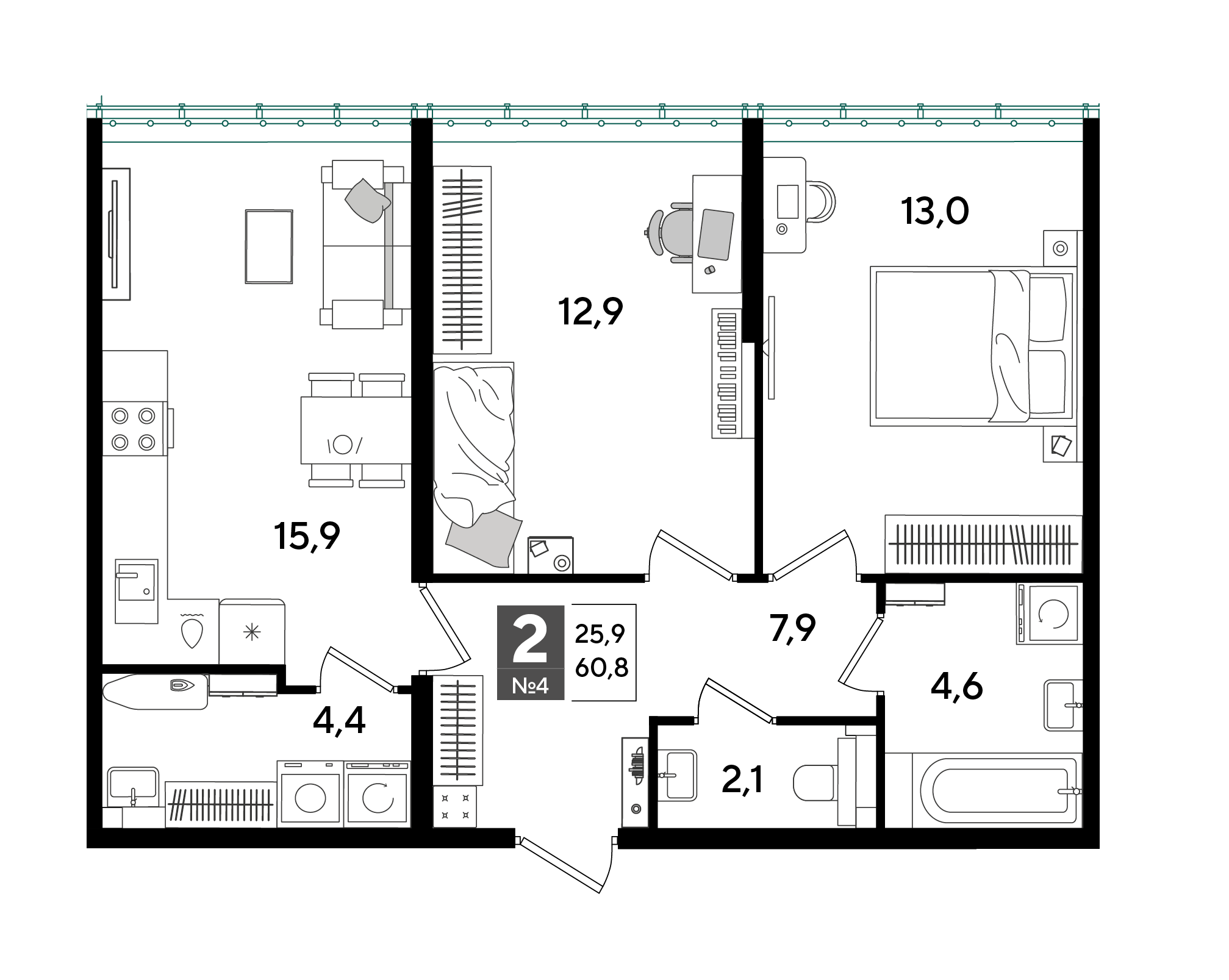 2-комнатная 59 м2 в ЖК Догма Парк корпус null этаж 2