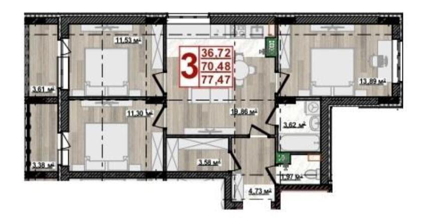3-комнатная 77.5 м2 в ЖК undefined корпус null этаж 4