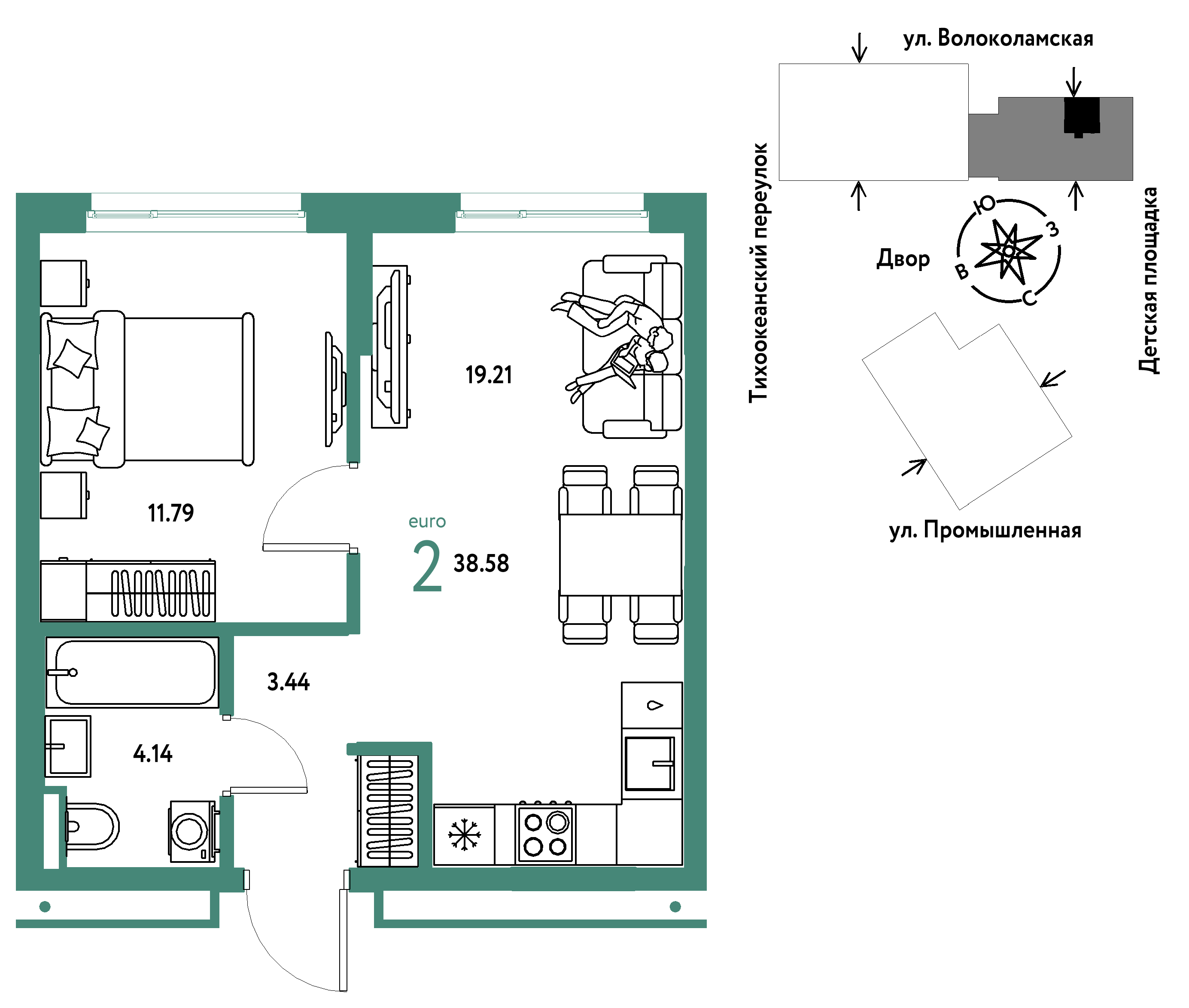 2-комнатная 38 м2 в ЖК Страна.Прибрежная корпус null этаж 8