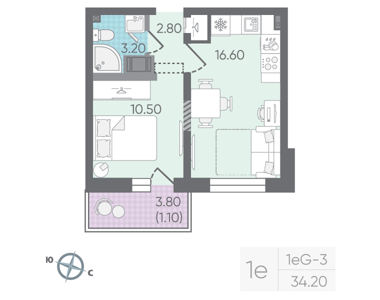1-комнатная 34 м2 в ЖК Цветной город корпус null этаж 16