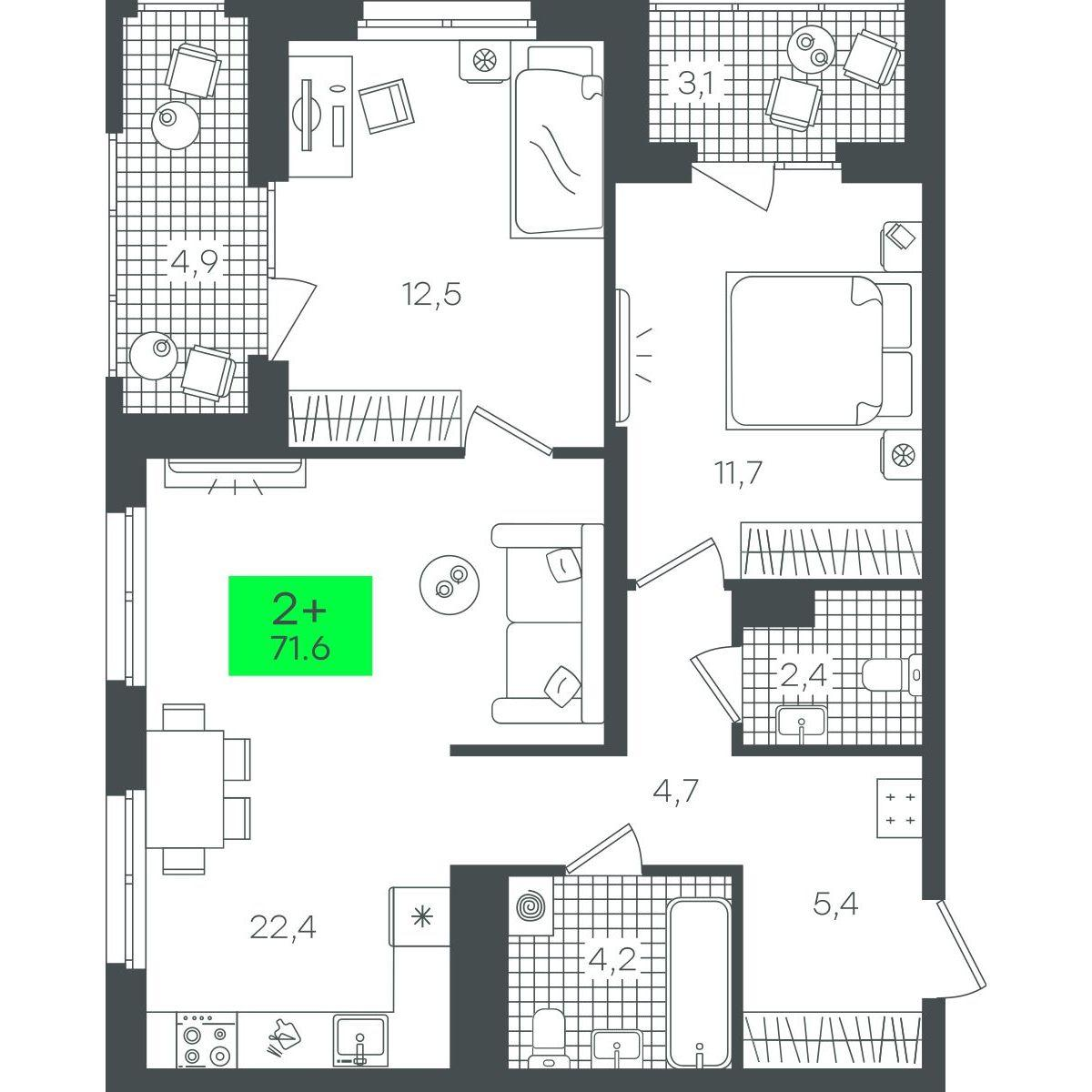 2-комнатная 71 м2 в ЖК Гранд Квартал корпус null этаж 12