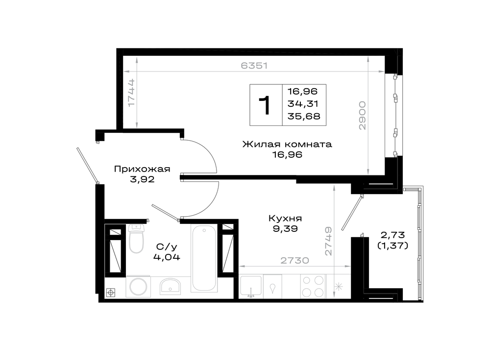 1-комнатная 35 м2 в ЖК Октябрь парк корпус null этаж 10