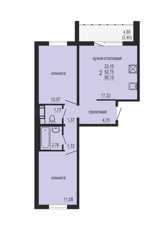 2-комнатная 55.1 м2 в ЖК undefined корпус null этаж 2