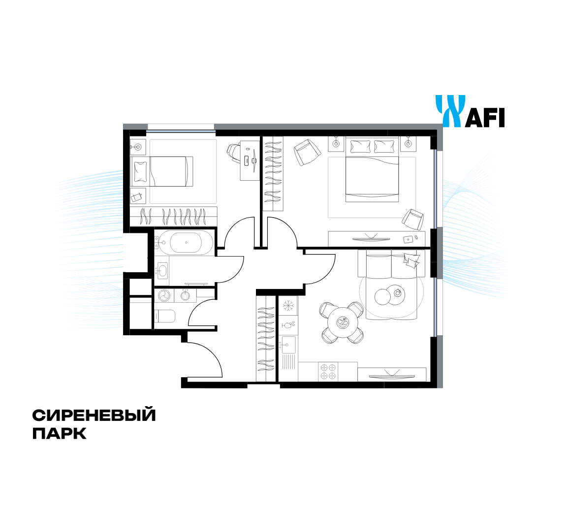 2-комнатная 60 м2 в ЖК Сиреневый парк корпус null этаж 14