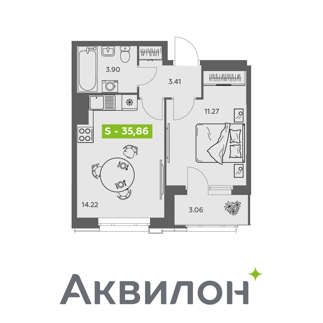 Студия 35 м2 в ЖК Аквилон АКВАРТАЛ корпус null этаж 14