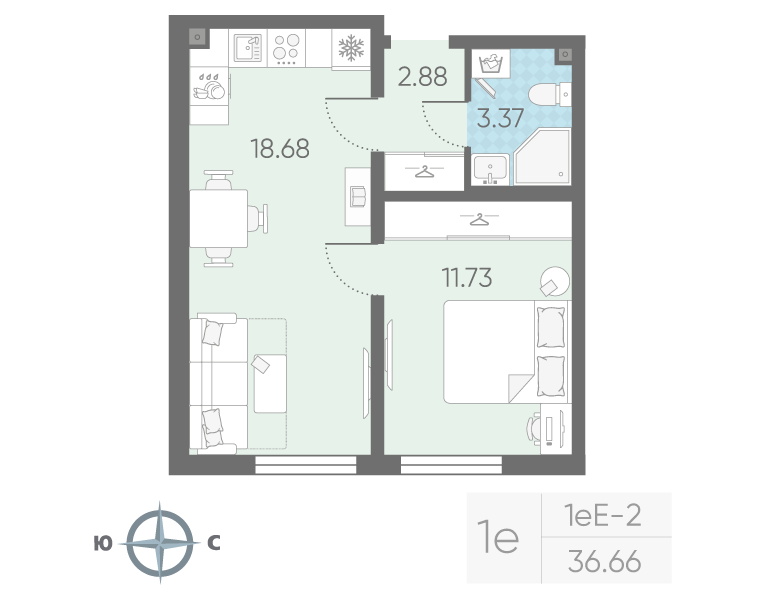 1-комнатная 36 м2 в ЖК Морская миля корпус null этаж 9