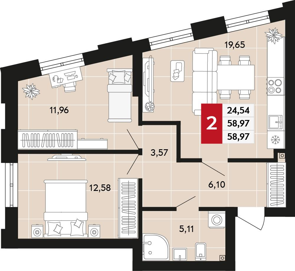 2-комнатная 58 м2 в ЖК Невский корпус null этаж 2