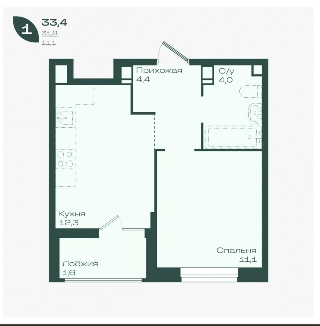 1-комнатная 33.4 м2 в ЖК undefined корпус null этаж 7