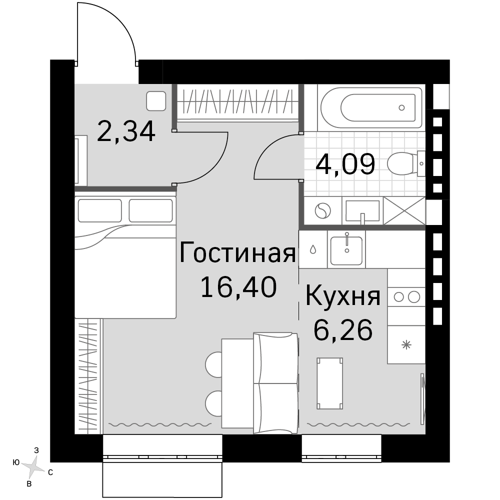 1-комнатная 29 м2 в ЖК Жаворонки Клаб корпус null этаж 4