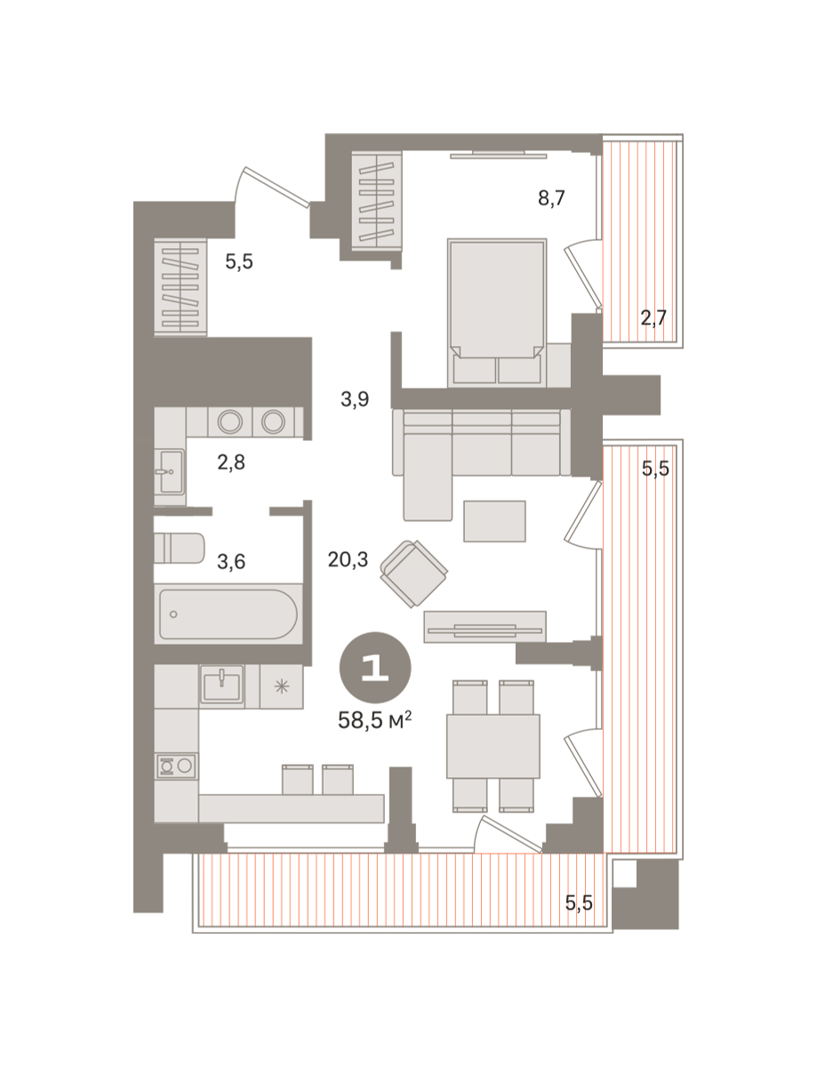 1-комнатная 59 м2 в ЖК Квартал Издание корпус null этаж 11