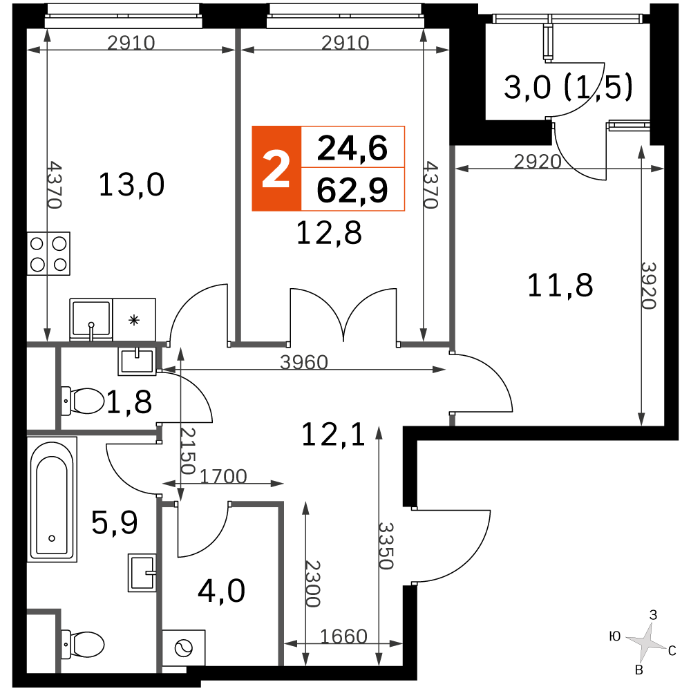 2-комнатная 60 м2 в ЖК Скай Гарден корпус null этаж 15