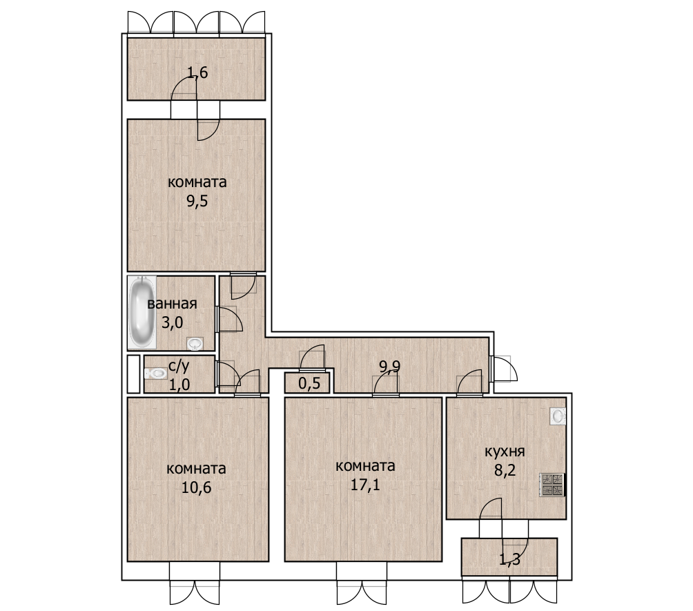 3-комнатная 62.6 м2 в ЖК undefined корпус null этаж 9