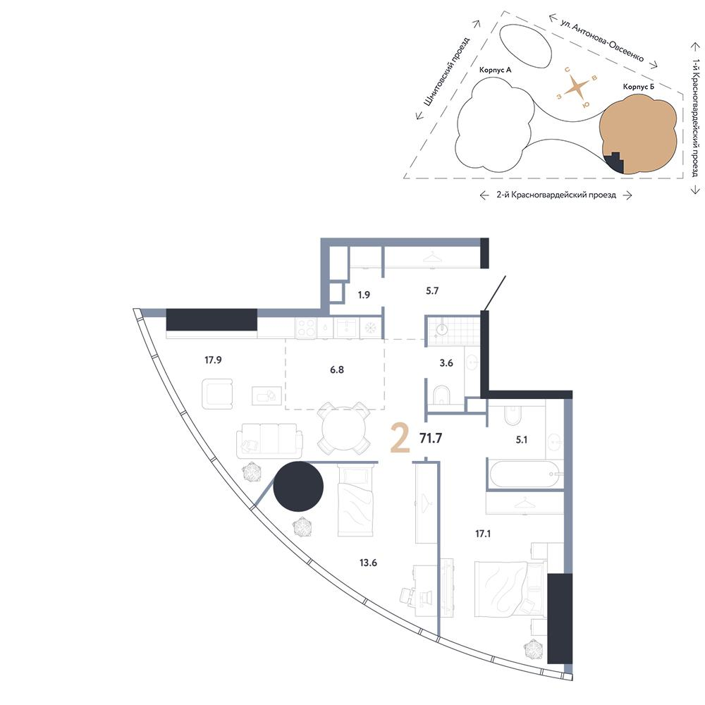 2-комнатная 71 м2 в ЖК АУРУС Резиденции корпус null этаж 24