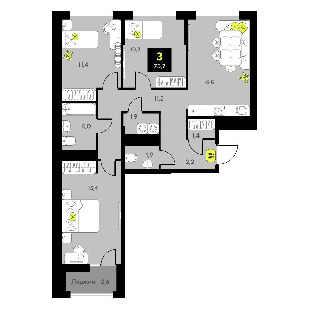 3-комнатная 75 м2 в ЖК Мотивы корпус null этаж 5