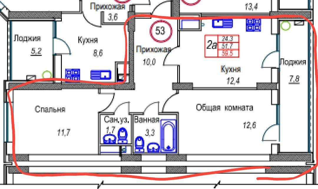 2-комнатная 51.7 м2 в ЖК undefined корпус null этаж 3