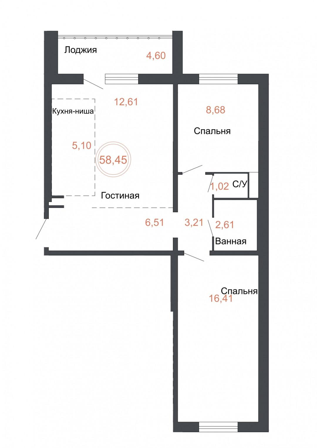 3-комнатная 58.5 м2 в ЖК undefined корпус null этаж 11