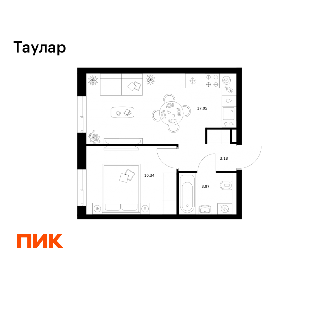 1-комнатная 34 м2 в ЖК Таулар корпус null этаж 3