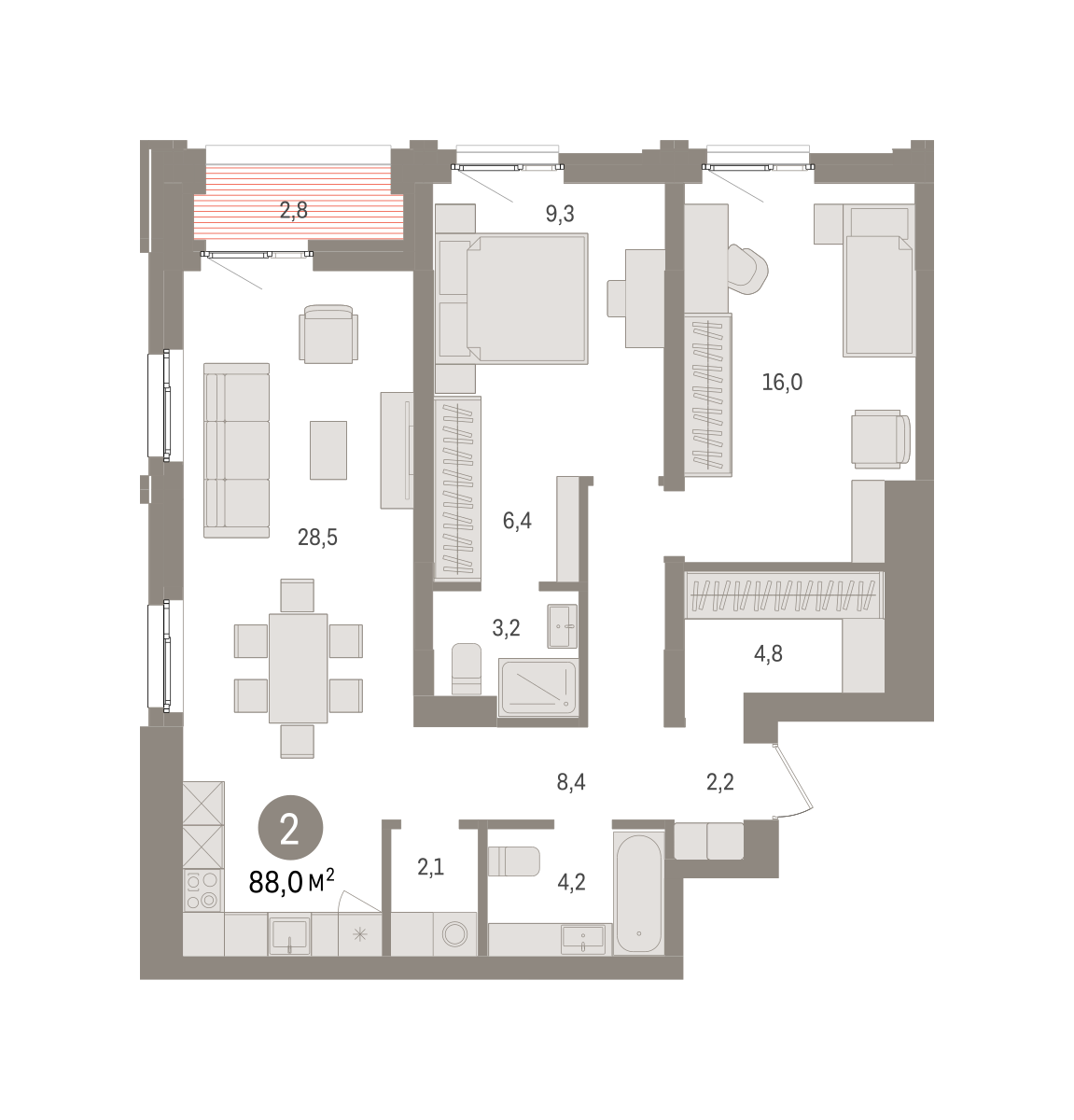 2-комнатная 88 м2 в ЖК Европейский берег корпус null этаж 15