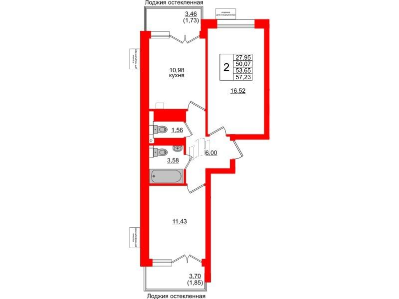 2-комнатная 53 м2 в ЖК Lake City-11 корпус null этаж 2