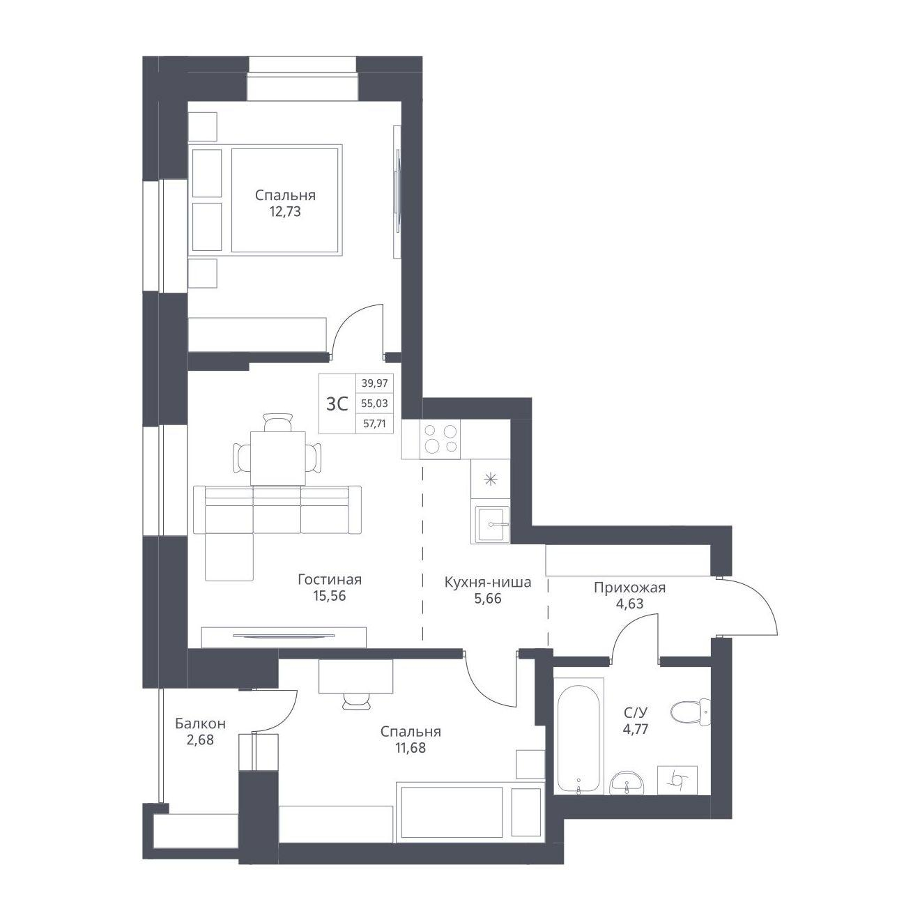 3-комнатная 57 м2 в ЖК АКТИВ корпус null этаж 5