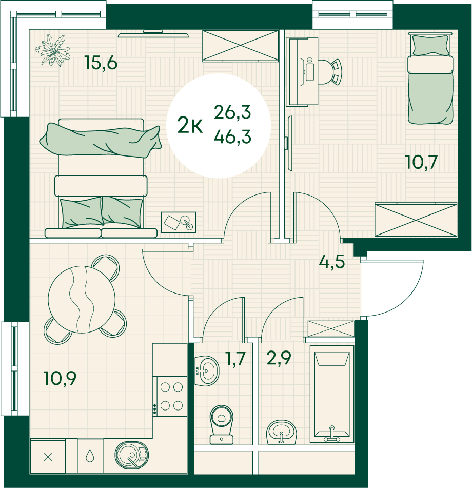 2-комнатная 46 м2 в ЖК Green Apple корпус null этаж 15