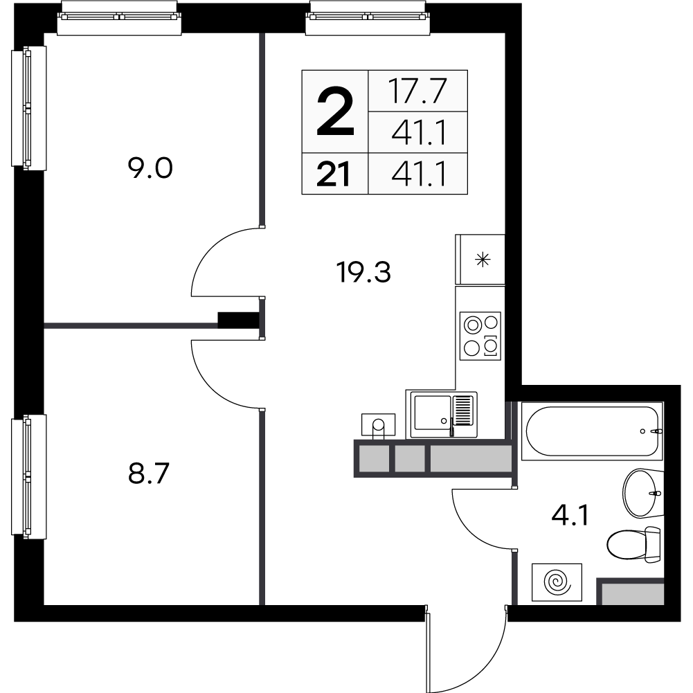 2-комнатная 41 м2 в ЖК Новая Жизнь - Ройка корпус null этаж 3