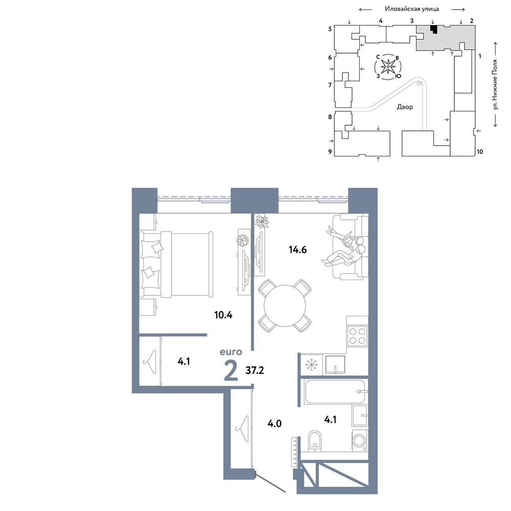 2-комнатная 37 м2 в ЖК Страна.Заречная корпус null этаж 3