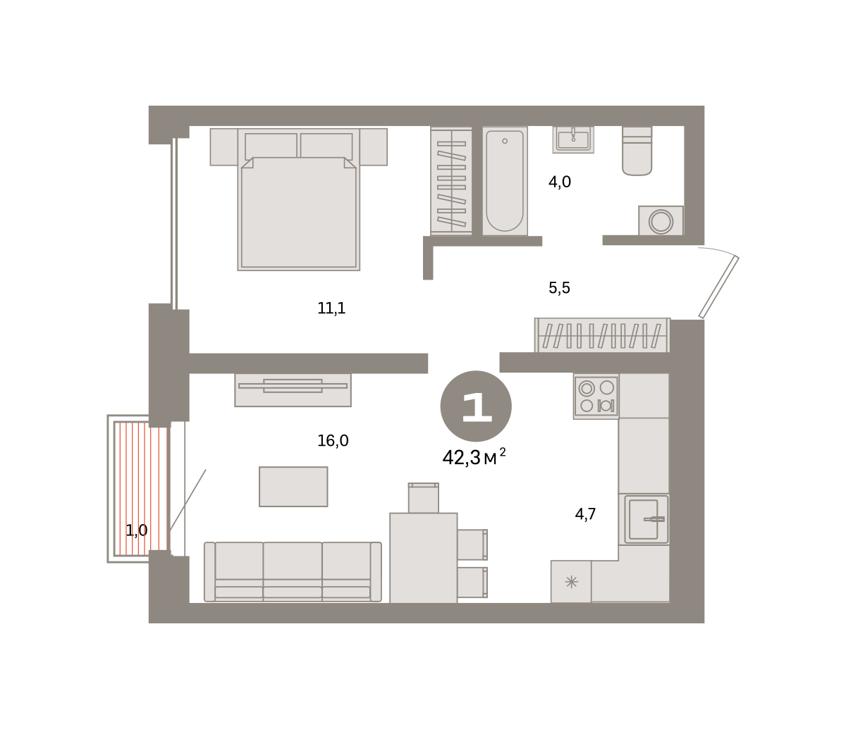 1-комнатная 42 м2 в ЖК Метроном корпус null этаж 8