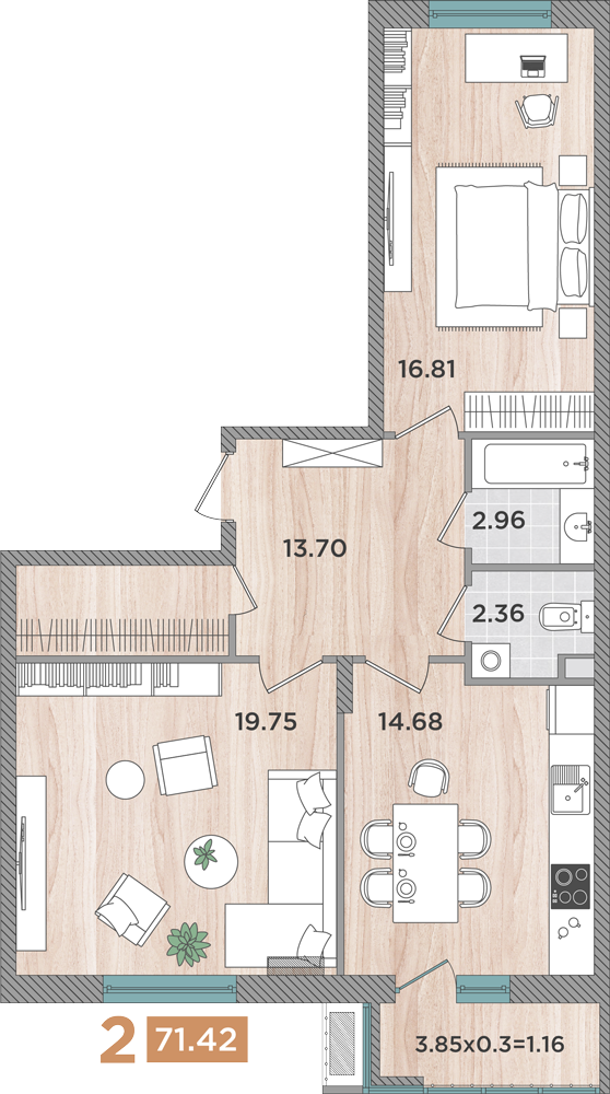 2-комнатная 71 м2 в ЖК Сады у моря корпус null этаж 2