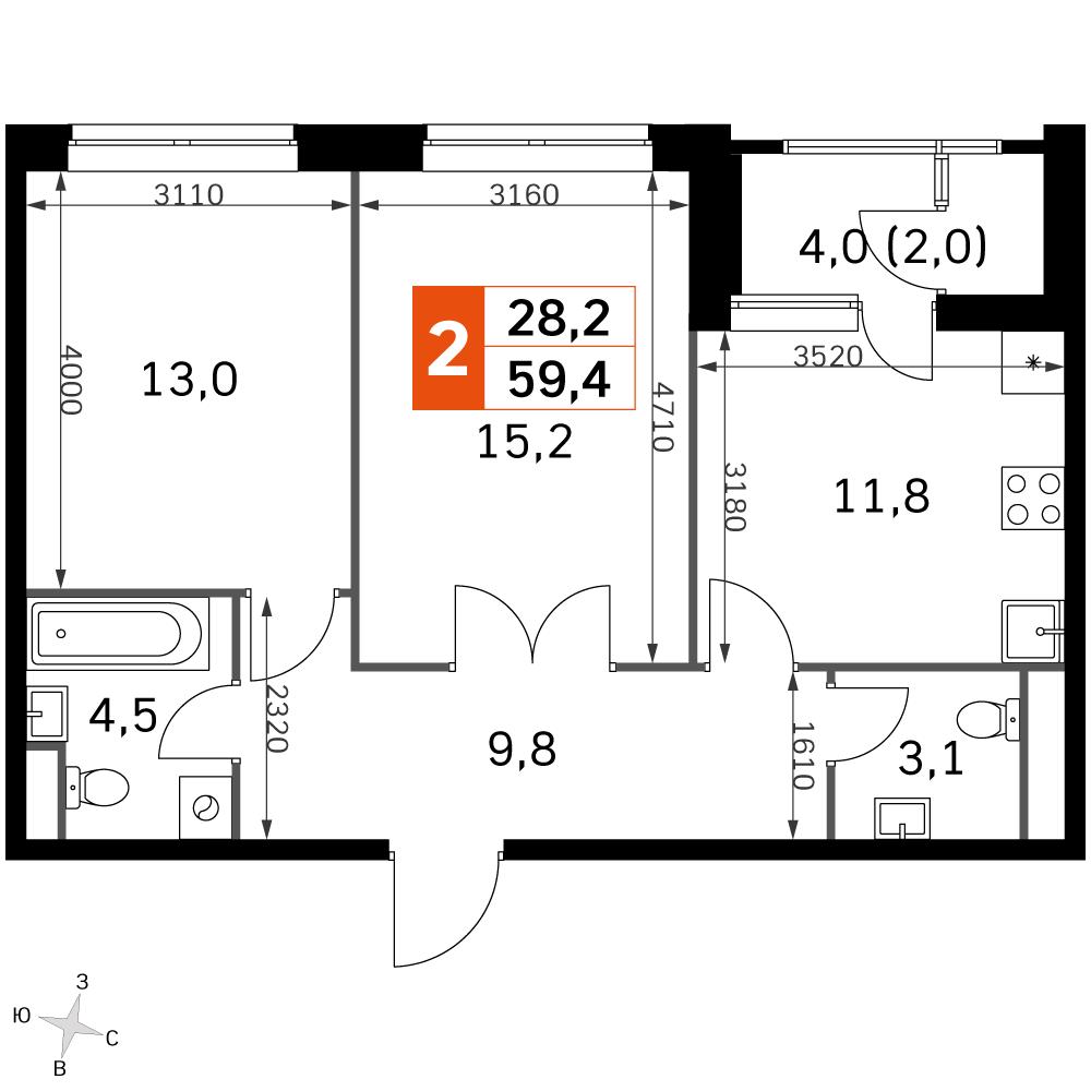 2-комнатная 57 м2 в ЖК Скай Гарден корпус null этаж 24