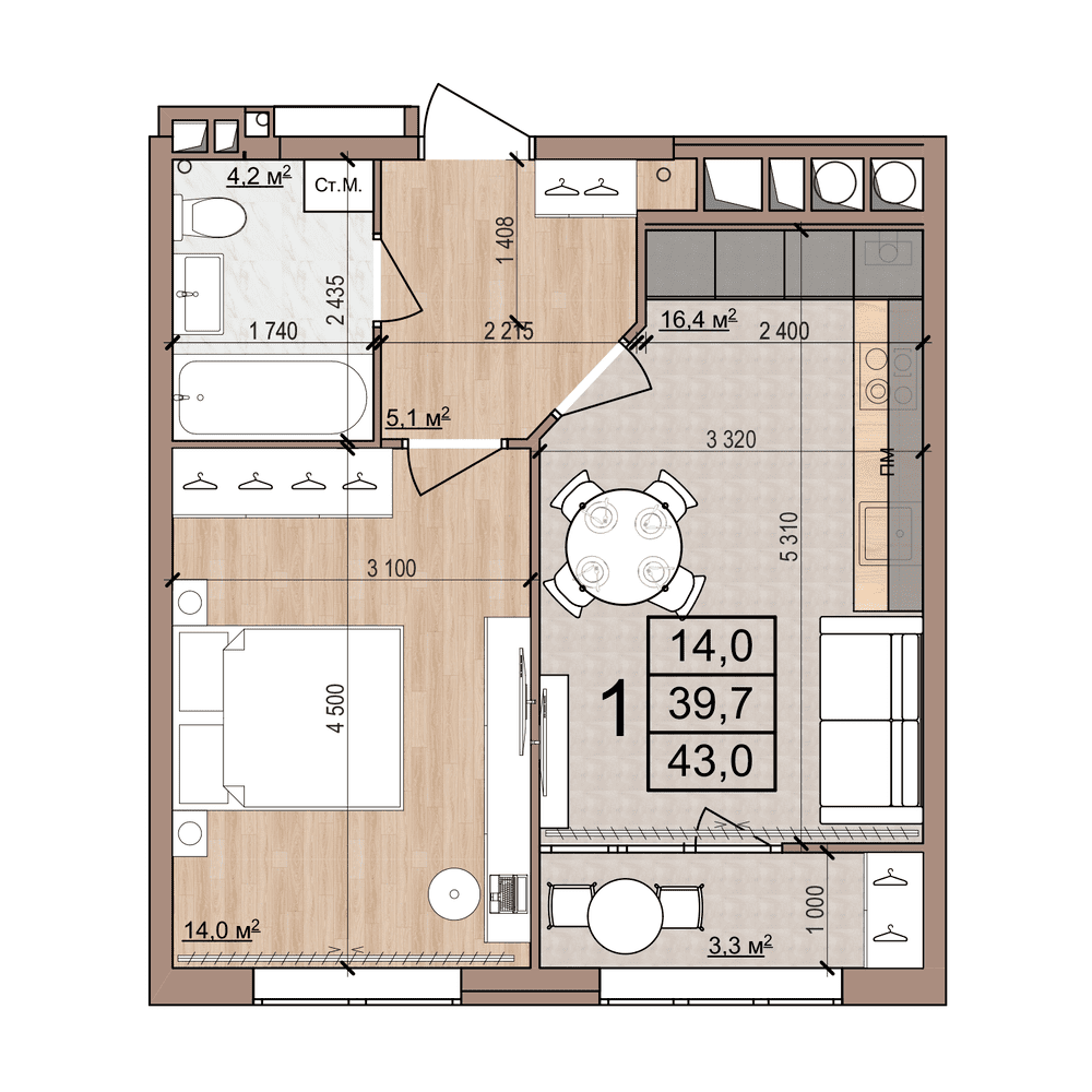 1-комнатная 43 м2 в ЖК Skyline-2 корпус null этаж 12