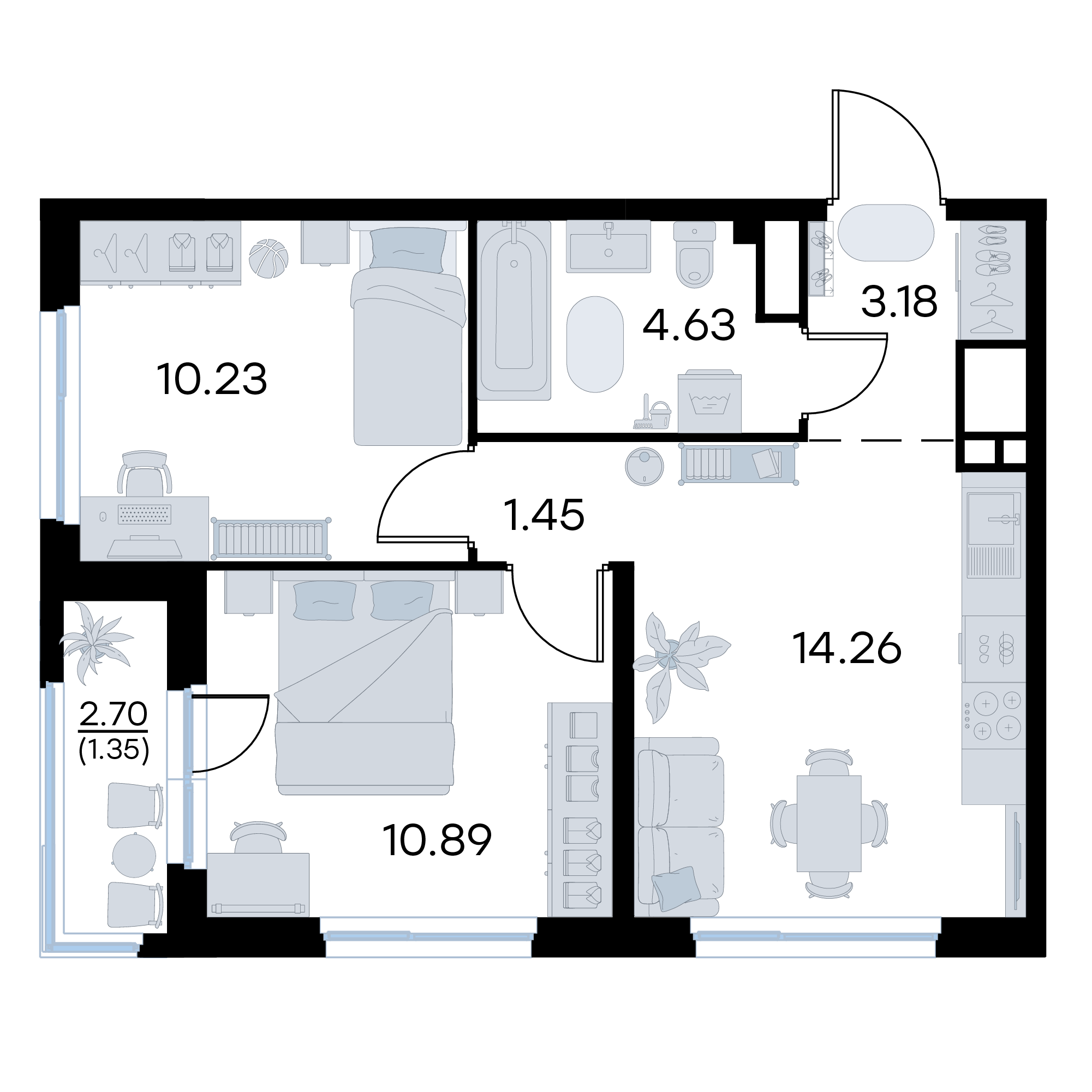 2-комнатная 45 м2 в ЖК GloraX Октябрьский корпус null этаж 13