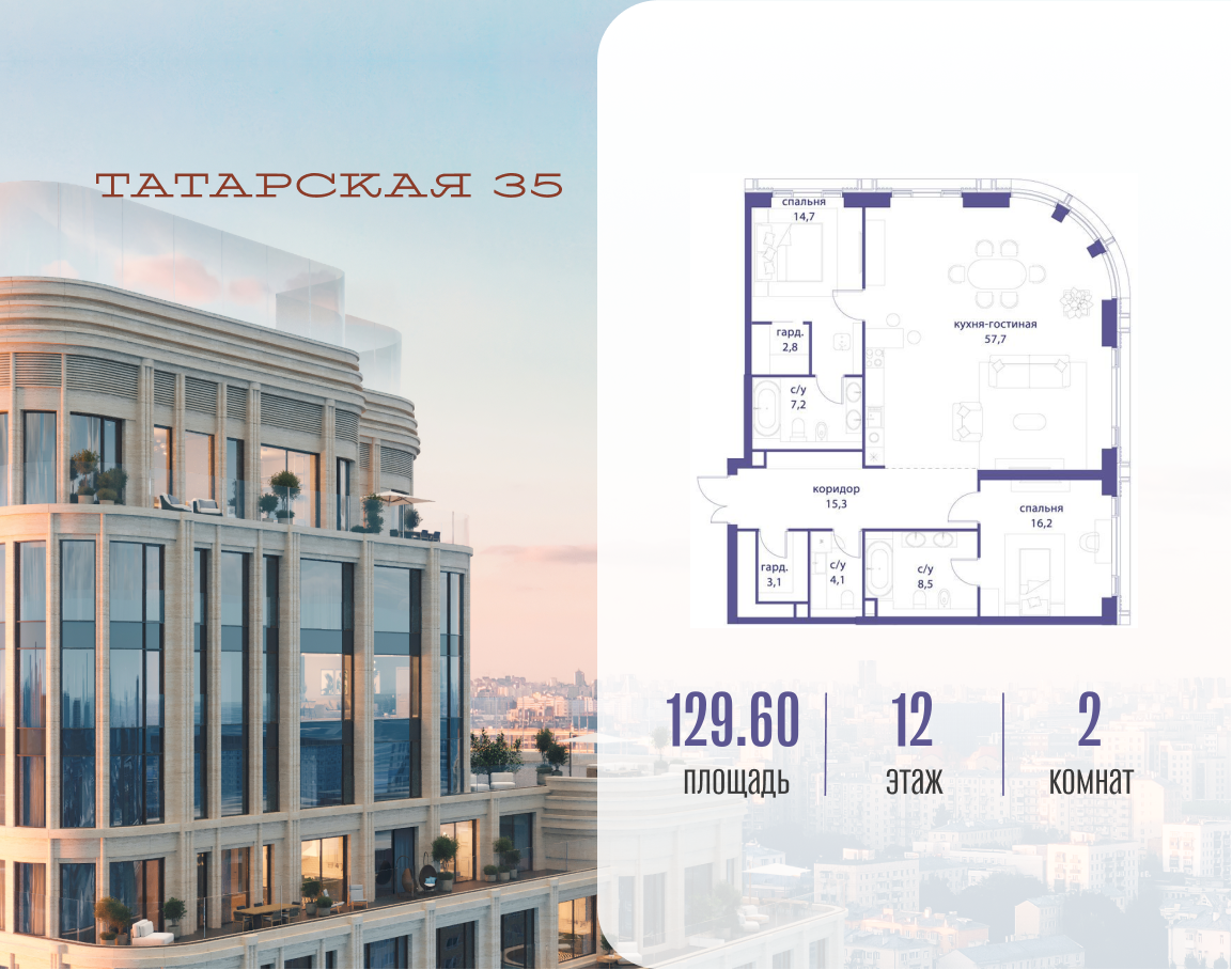 2-комнатная 129 м2 в ЖК Татарская 35 корпус null этаж 12