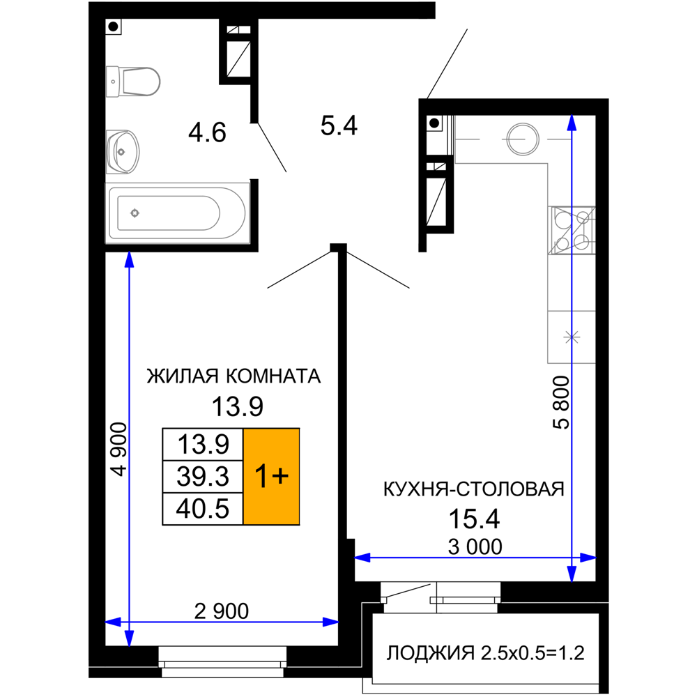 1-комнатная 40 м2 в ЖК Дыхание корпус null этаж 16