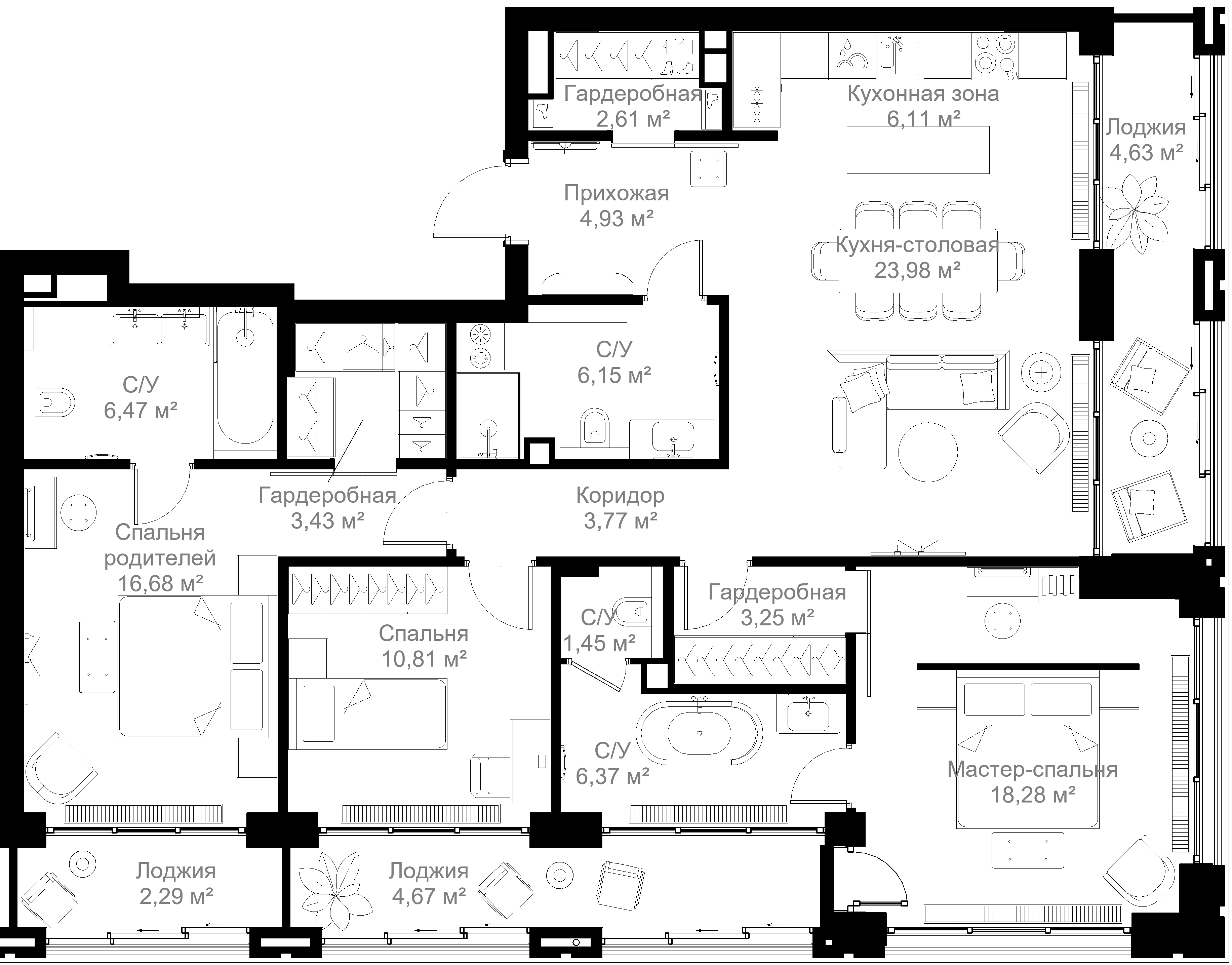 3-комнатная 125 м2 в ЖК МЫС корпус null этаж 4