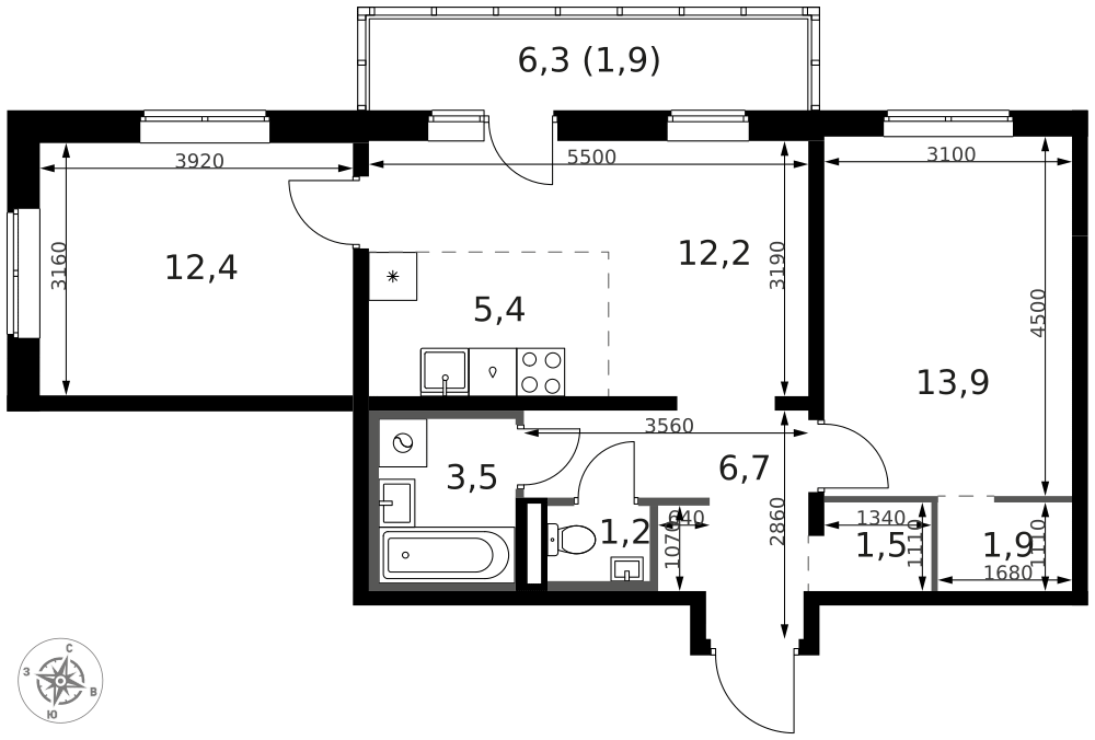 3-комнатная 61 м2 в ЖК 1-й Ясеневский корпус null этаж 2