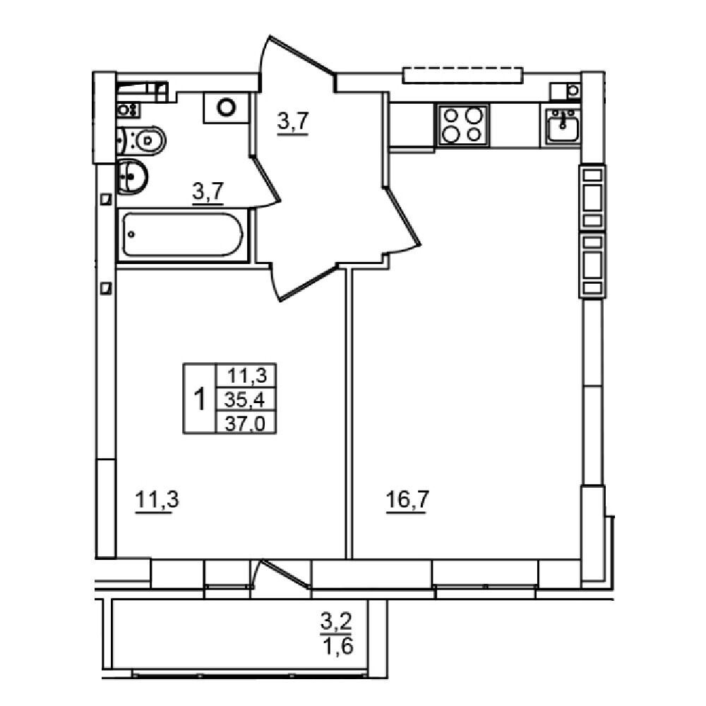 1-комнатная 37 м2 в ЖК Сталь корпус null этаж 11