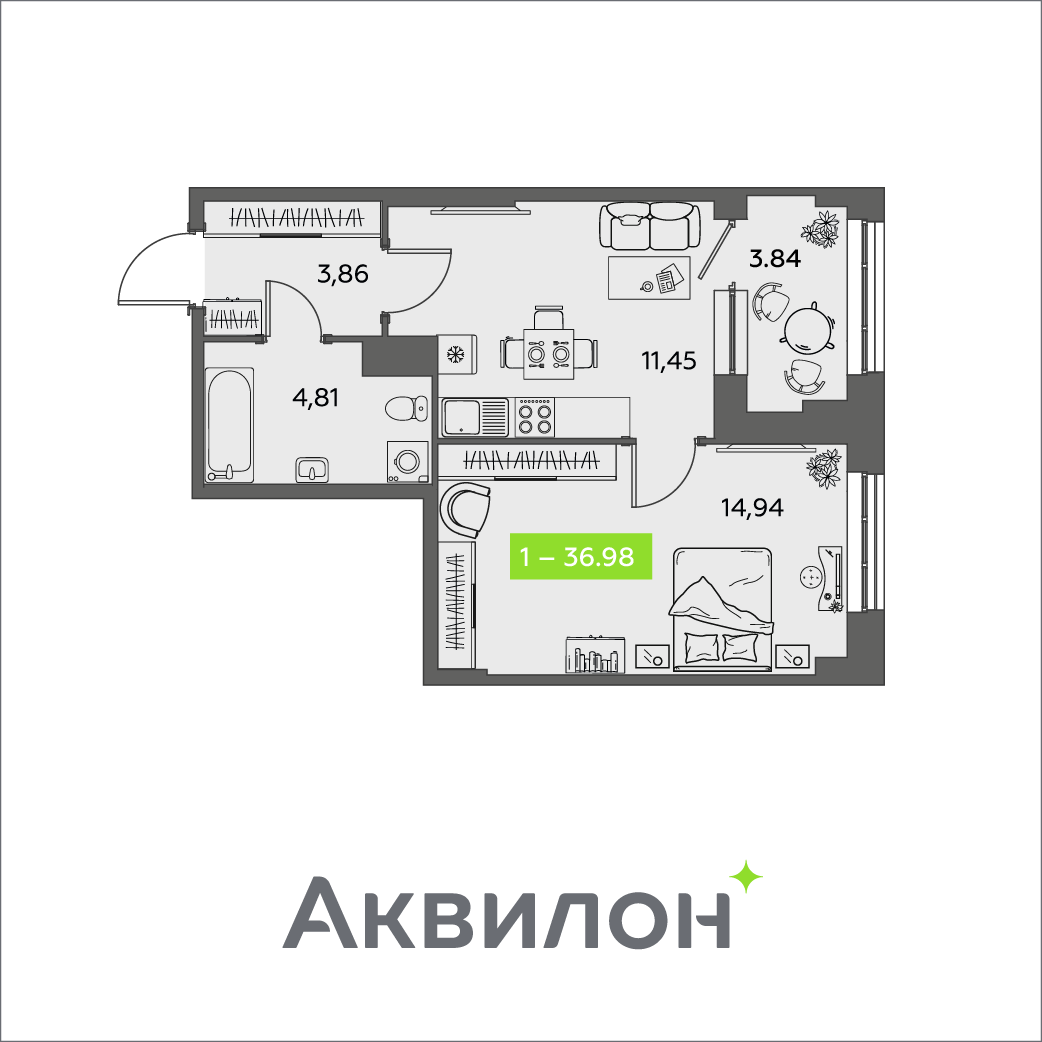 1-комнатная 36 м2 в ЖК Аквилон Shine корпус null этаж 3