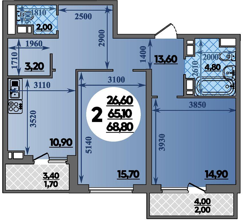 2-комнатная 68 м2 в ЖК Парк у дома корпус null этаж 2
