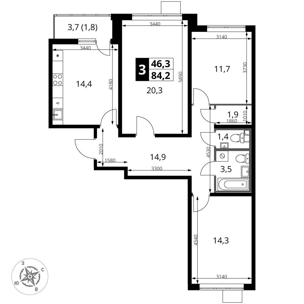 3-комнатная 84 м2 в ЖК 1-й Южный корпус null этаж 21