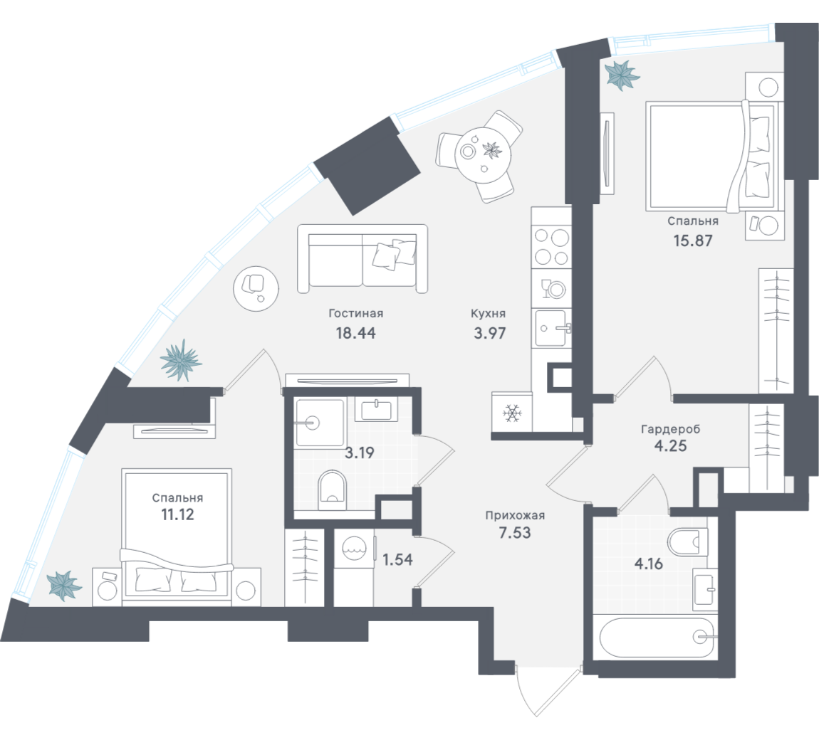 2-комнатная 70 м2 в ЖК Solos корпус null этаж 5