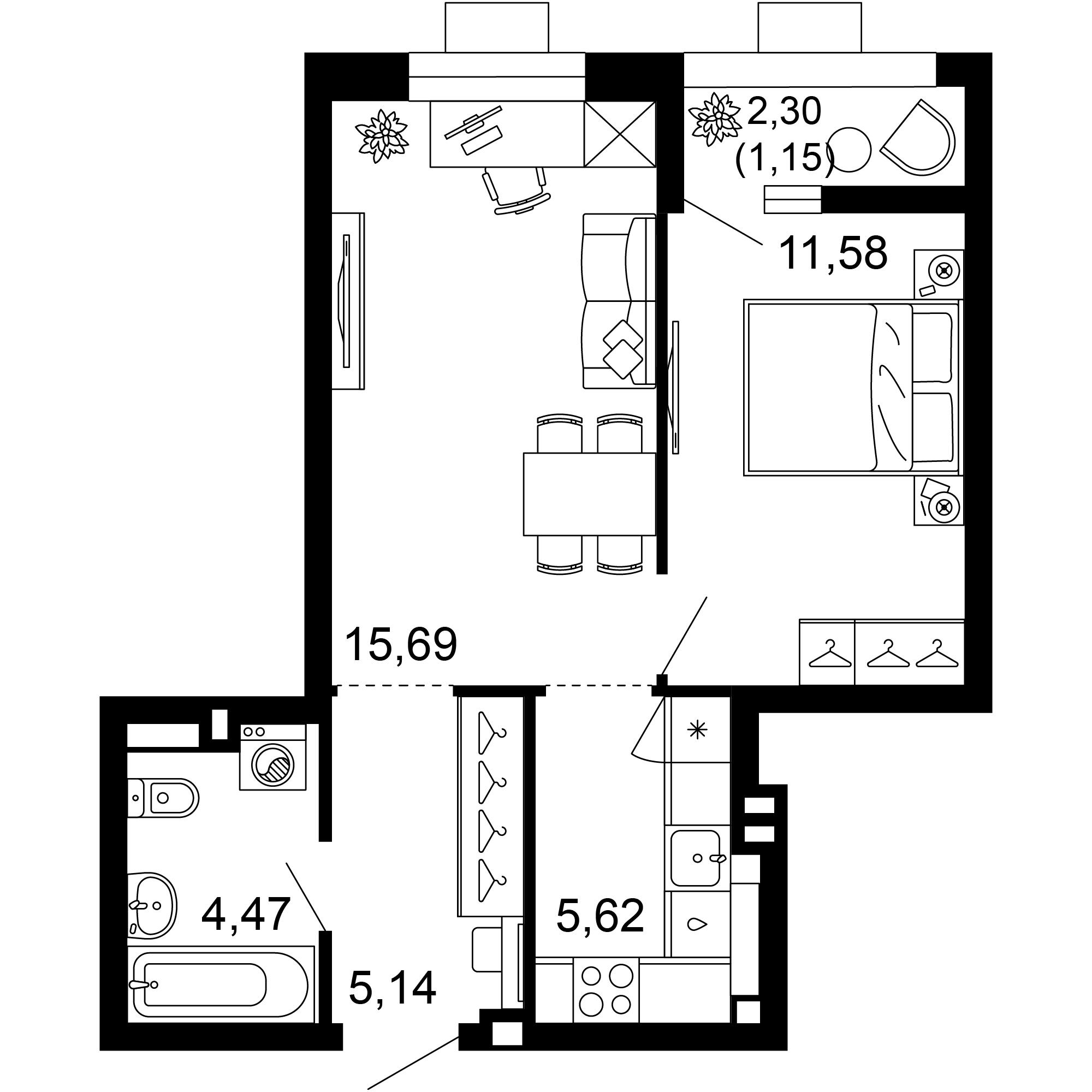 2-комнатная 43 м2 в ЖК 1799 корпус null этаж 1